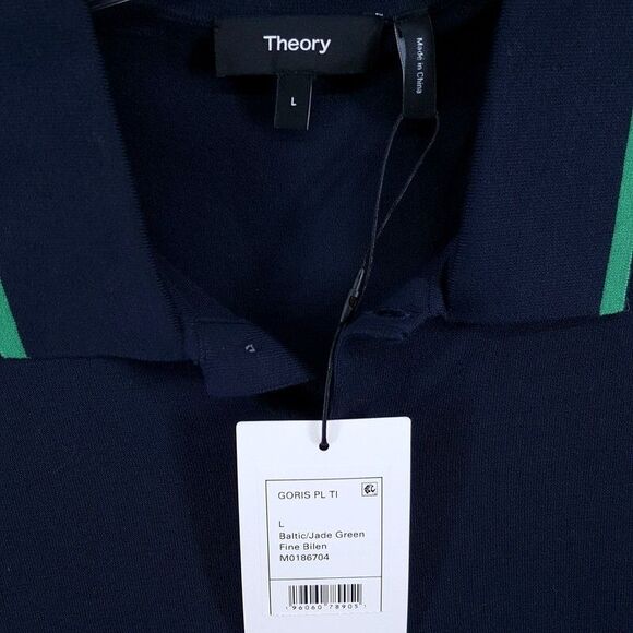 THEORY Polo Shirt Mens Large Navy Short Sleeve Green Trim GORIS - Picture 4 of 9